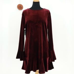 Johnny Wujek Plum‎ Velvet Ruffle Hem Open Back Bow Detail Bell Sleeve Mini Dress